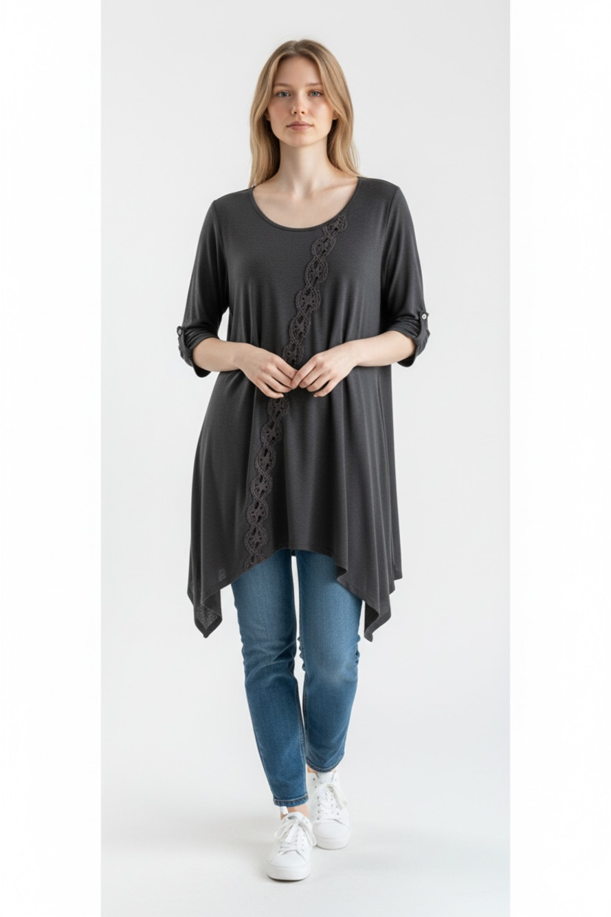 Cable & Gauge Tunic Dark Gray Lace Trim